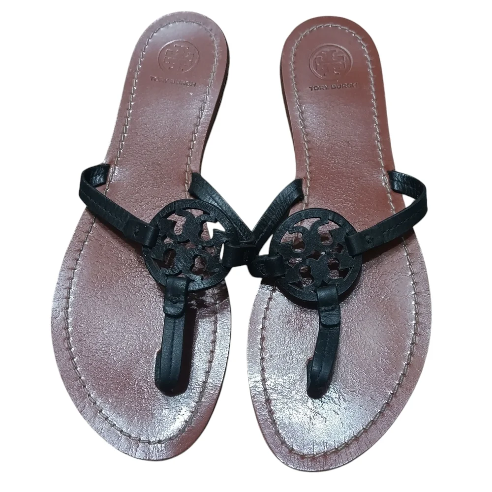 Tory Burch Miller Leather Thong Flat Sandals Women's Size 9 Black Brown Iconic